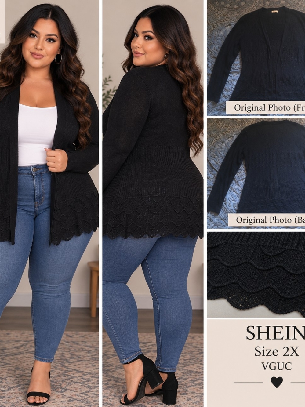SHEIN Black Plus Size Open-Front Knit Cardigan with Scallop Hem
